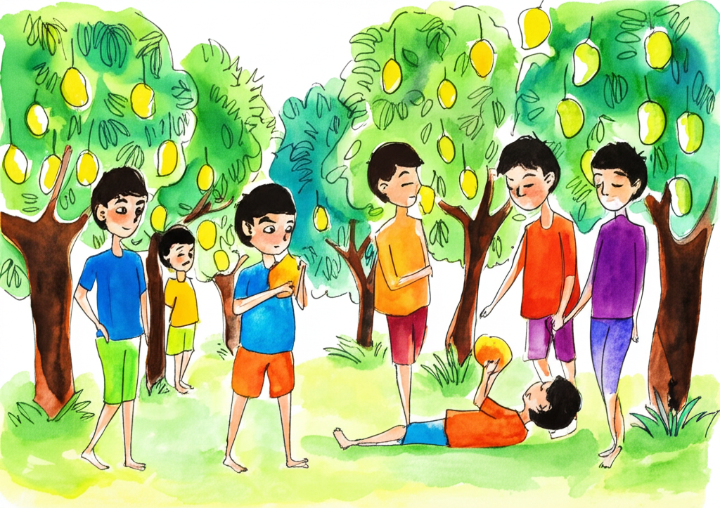 Watercolor painting of a heartwarming summer scene. Golu, a boy with bright orange shirt and dark hair, is surrounded by five friends, each with distinct clothing colors (one blue, one green, one yellow, one purple, one red) but similar size and simple shapes,  in a vibrant mango orchard. Lush green mango trees laden with ripe yellow mangoes fill the background. In the foreground, Golu is shown twice: once playfully eating a mango alone, and smaller in the next section, where he is helped up by his friends after a fall. Use soft, gentle watercolor washes to depict happiness and care.  Focus on conveying the story’s emotional arc from selfishness to sharing.