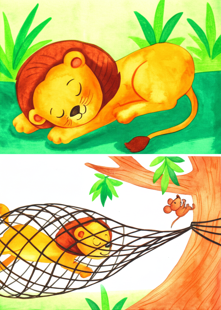 Watercolor illustration depicting two distinct scenes:  In the first, a sleepy, golden-orange lion with a consistent shape and size rests in a vibrant, green jungle setting painted with loose, wet-on-wet watercolor technique.  A small, light brown mouse, consistently sized and shaped, playfully runs over the lion. In the second scene, the same lion is captured in a rough, dark brown net tied to a textured, light brown tree. The same little brown mouse is diligently chewing on the net. The watercolor style should emphasize texture and movement, with soft, blended colors and detailed expressions in both the lion and the mouse. Maintain consistent coloring and shapes for the characters throughout.