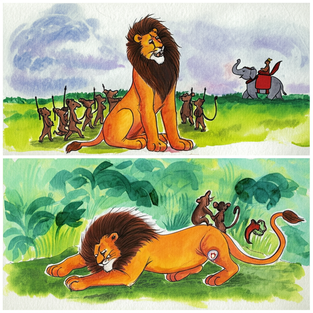 Watercolor painting emphasizing the contrast between the lion’s initial pride and his subsequent fall.  The lion, a consistent burnt orange-brown, is shown in two main scenes. In the first, he is large and imposing, commanding a group of smaller jungle animals (consistently colored and sized) who are building him a seat on an elephant.  The second scene shows the lion lying on the ground after falling from the elephant’s back, his injured leg visible; his expression is one of humility. The background should be a soft watercolor wash of jungle greens and blues, with a small figure of a king on an elephant throne visible in the distance.