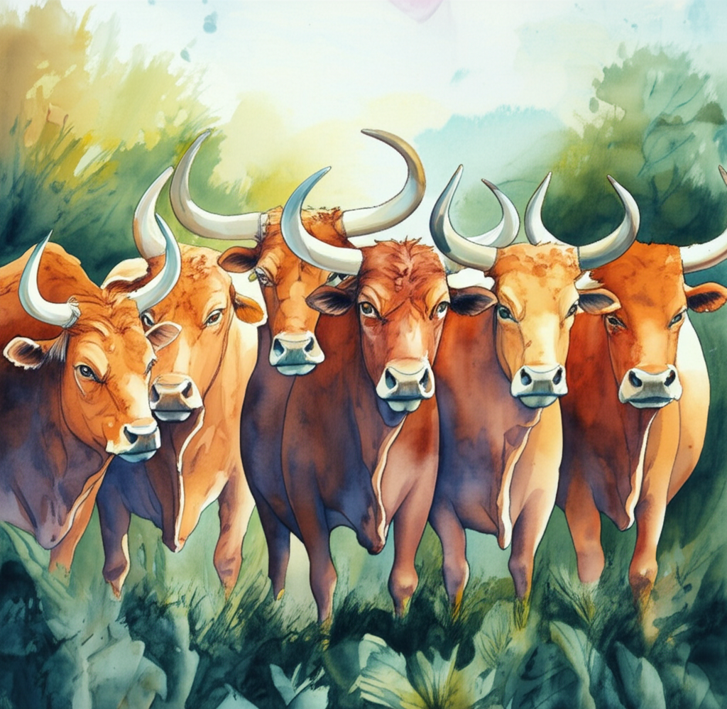 Watercolor painting of the four brown and beige bulls, standing shoulder to shoulder, horns pointed towards the viewer, after defeating the lion. They look proud but relieved, slightly muddied and with leaves clinging to their fur. The orange lion is in the background, defeated and retreating into the lush green jungle. Use a palette of earthy greens, browns, and oranges with a focus on texture and detail in the fur and horns of the bulls. The style should evoke a sense of triumph and friendship.