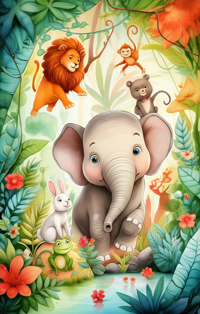 Watercolor painting depicting a vibrant jungle scene. In the foreground, a large, friendly-looking elephant (muted browns and grays) is playfully interacting with a monkey (bright orange), rabbit (white with pink ears), frog (bright green), and bear (brown). The lion (fiery orange) is depicted in the background, small and fleeing from the scene. Use a loose, expressive watercolor style, incorporating plenty of green foliage and vibrant flowers.  The overall mood should be joyful and celebratory, highlighting the elephant’s newfound friendships and the vibrant jungle environment.  Maintain consistency in the animals’ colors and sizes throughout the image.