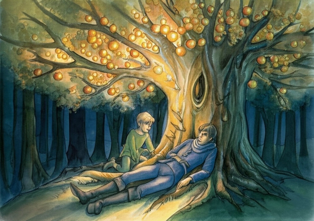 Watercolor painting of two brothers near a large, dark forest. The older brother, depicted with sharper features and wearing dark clothing (consistent deep blue tones), is sprawled on the ground beneath a glowing, whimsical tree with golden leaves, covered in tiny, sharp needles.  The younger brother, with softer features and wearing lighter clothing (consistent light greens and yellows), is kneeling beside him, gently pulling out the needles. The tree is detailed with vibrant, golden apples partially visible. Use a palette dominated by warm earth tones, contrasting with the cool blues and greens of the forest and the older brother’s clothing.  Both brothers should be roughly the same size, with similar body shapes to distinguish them as siblings.  The style should evoke a classic fairytale illustration.