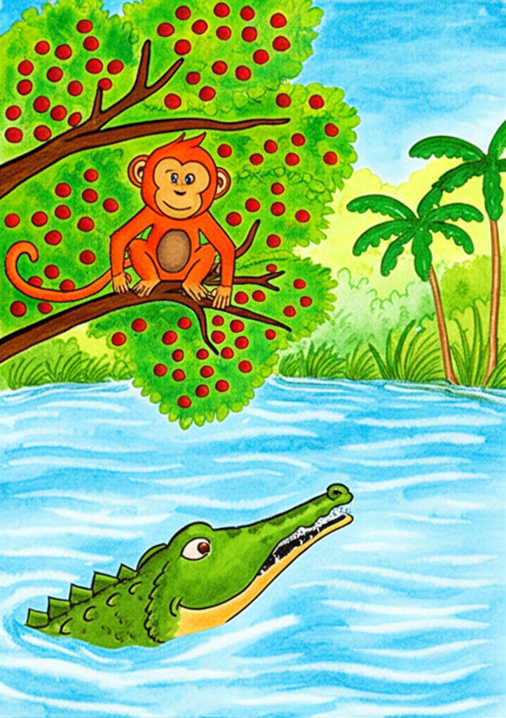 Watercolor painting of a monkey and a crocodile. The monkey, a vibrant orange-brown with large expressive eyes, is perched on a lush green berry tree laden with red berries beside a flowing river. The crocodile, a deep olive green with textured skin, is partially submerged in the water, looking up at the monkey with a mixture of hunger and regret. The background features a dense jungle in soft greens and blues, with the river flowing smoothly through it. Style: whimsical, slightly cartoonish.