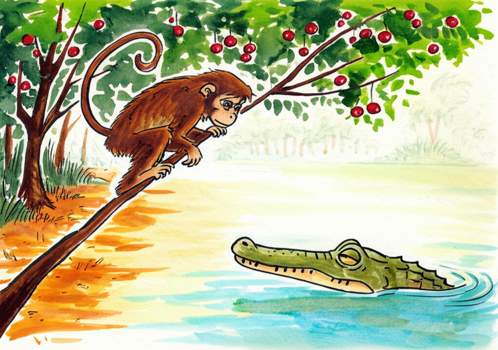 Watercolor painting focusing on the monkey’s clever escape. The monkey, in shades of warm brown, is high up on the berry tree, looking down at the crocodile, a dull olive green, who is swimming back towards the shore, looking crestfallen.  The berry tree is detailed, with ripe red berries hanging heavily from its branches. The background shows a blurry, impressionistic watercolor depiction of the jungle and river. The overall palette is warm, but the crocodile is depicted in cooler tones to highlight his loss and regret. Style: expressive, slightly abstract.