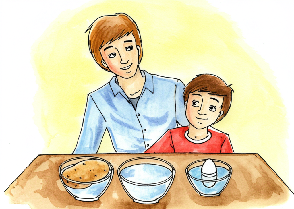 Watercolor painting of a father and son, John.  The father, with warm brown hair and wearing a light blue shirt, is slightly larger than John, who has dark brown hair and a red shirt. Both have kind, expressive faces. They are seated at a simple wooden table. Three bowls are on the table, one containing a soft, light-brown potato, one a slightly larger white egg, and a smaller bowl of dark brown coffee beans.  The bowls are partially filled with clear water.  The background is a soft, muted yellow watercolor wash, suggesting a warm, comforting kitchen.  The style should be gentle and illustrative, focusing on the emotional connection between the father and son. The color palette should be warm and inviting, with earthy tones and subtle blues and yellows.