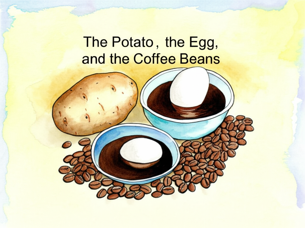 A watercolor painting featuring a close-up view of the three bowls – potato, egg, and coffee beans –  after boiling. The potato is soft and pale, showing peeling skin. The egg is smooth and white with a slightly darker, opaque texture. The coffee beans are dark and rich, surrounded by darkly shaded coffee-colored water. The scene is framed by subtle watercolor washes of pale yellow and soft blue, creating a sense of tranquility.  A smaller, partially visible image of the father (warm brown hair and light blue shirt) and John (dark brown hair and red shirt) is present in the background, barely visible, to show the context. The style should be expressive and detailed, focusing on the textural contrast between the three elements.
