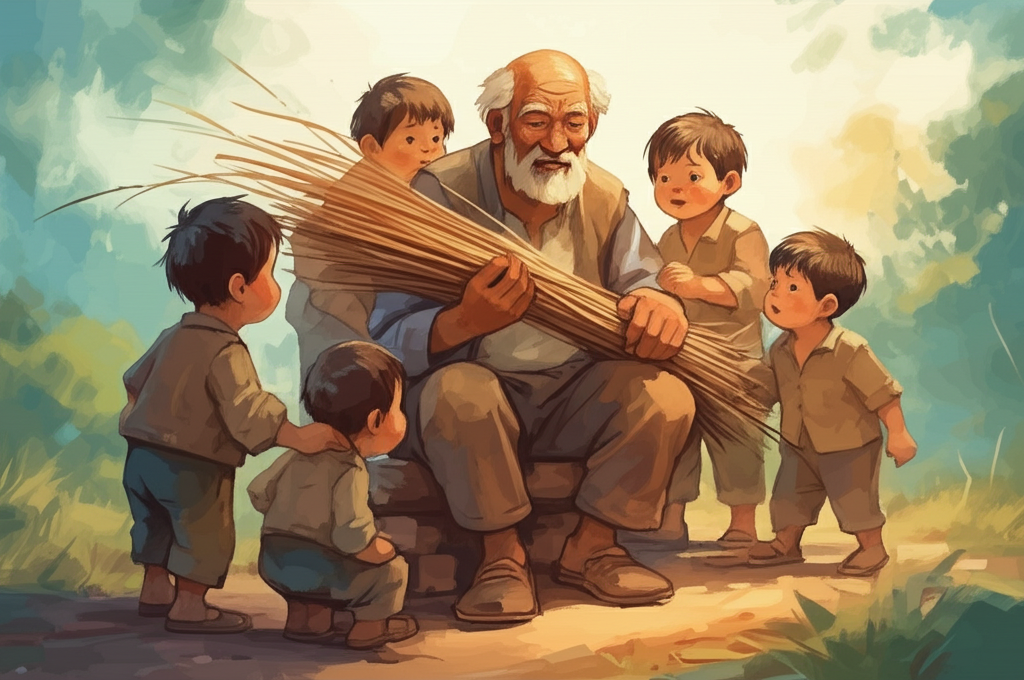 Watercolor painting of a heartwarming family scene. Five similar-sized, slightly chubby sons, all wearing simple brown shirts and pants, are clustered around their elderly father, who is holding a large bundle of thin, light brown sticks. The father is depicted with soft, warm colors and kind eyes. The sons’ faces show a mixture of surprise and understanding.  The background should be a soft, muted palette of greens and yellows suggesting a peaceful farm setting. Focus on depicting the unity of the family; the sticks should be clearly visible and tied together tightly. Use a loose, expressive watercolor style with visible brushstrokes to add to the rustic feel.