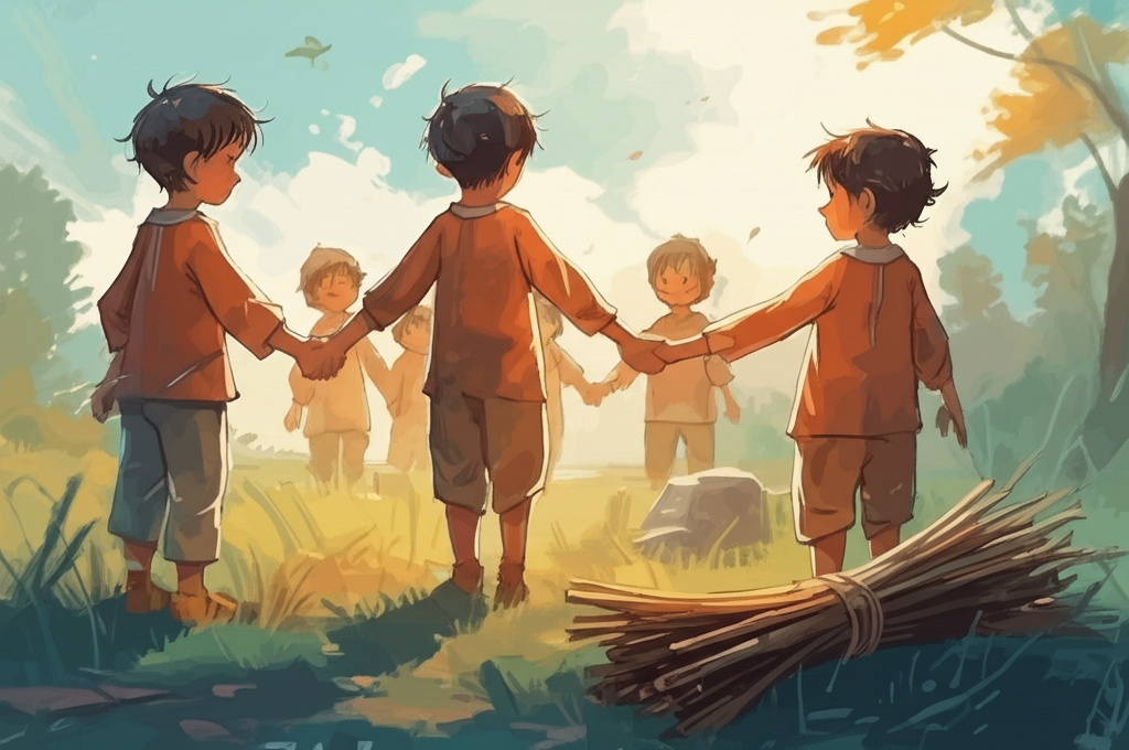 Watercolor painting depicting the five sons (consistent attire in muted orange tones) standing shoulder to shoulder, smiling and holding hands in a circle around their father’s grave (a simple, slightly raised mound with gentle green grass). The background features a soft, pale blue sky and a few simple trees. A single, loose bundle of thin, light brown sticks sits near the grave, symbolizing the strength they’ve found in unity. Use a calm, gentle color palette and soft, almost blurry watercolor techniques to give a peaceful and nostalgic feel, emphasizing the lasting lesson of unity.