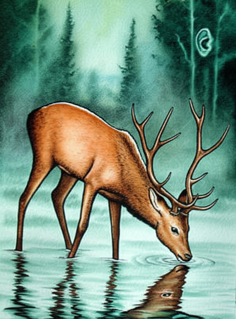 Watercolor painting of a proud deer with large, intricately detailed antlers and slender legs.  The deer is drinking from a tranquil pond, its reflection showing only its head and antlers. The background is a lush, dark green forest. The deer is a light brown, with consistent coloring throughout the painting.  Use muted greens and browns for the forest. The pond should reflect a soft, muted light. In the upper right corner, add a small, subtle depiction of God listening to the deer’s complaint in the form of faint, almost ethereal light and a single ear.