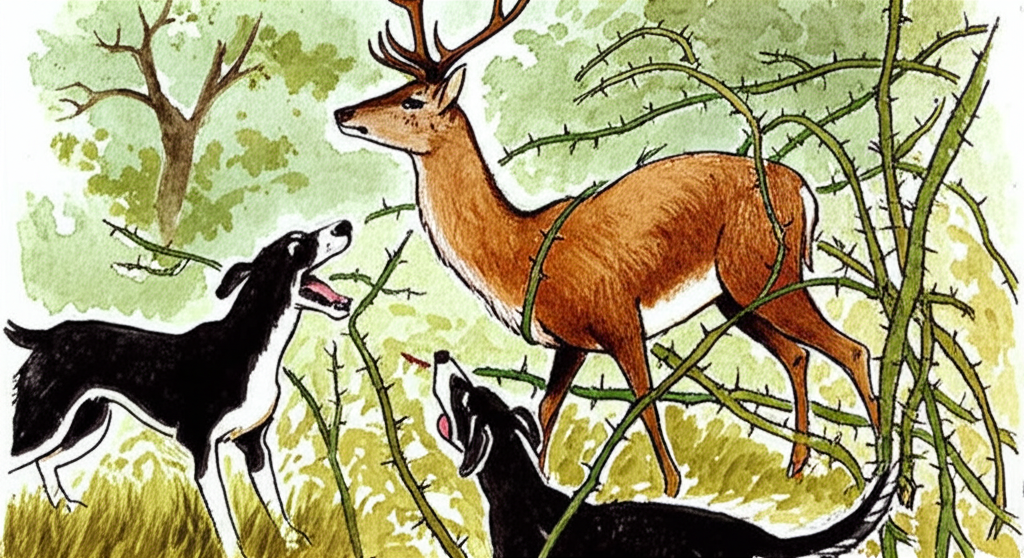 Watercolor illustration depicting a dramatic scene: A light brown deer with large antlers is entangled in thorny branches, his slender legs visible as he struggles. Hunting dogs, depicted in dark brown and black with dynamic brushstrokes, surround him. The background is a blurred depiction of the forest with a mix of greens and browns, the branches and brush strokes conveying a sense of urgency. Maintain consistent coloring and size of the deer throughout. The dogs should be slightly smaller than the deer, but large enough to showcase the danger.