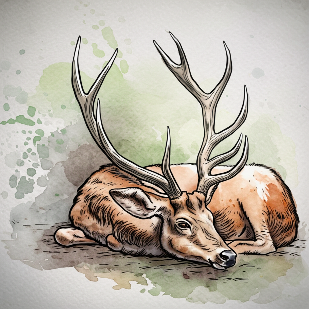 Watercolor painting depicting the deer lying injured after the attack.  The deer is light brown, still showing its large antlers but its body is drooping, conveying injury. The antlers are prominently displayed, contrasting with the deer’s thin but slightly muddy legs. The background is a watercolor wash of muted greens, browns, and grays, showing the forest floor. The overall mood is one of somber reflection. The deer’s expression should reflect remorse and understanding. Maintain the consistent color and size of the deer’s body.