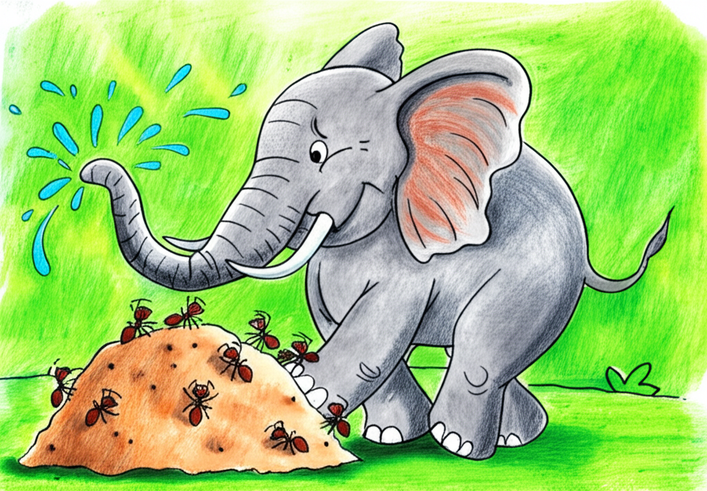 Watercolor illustration depicting a scene with a proud, grey elephant (consistent color and size throughout) splashing water onto an anthill.  Several tiny, brown ants (consistent color and size) are shown looking distressed and huddled together near their damaged anthill. The background should be a vibrant green forest, with soft watercolor washes creating depth.  Focus on the emotional contrast between the elephant’s aggressive posture and the ants’ vulnerability. Use a detailed style to showcase the intricate nature of the anthill and the ants’ expressions, but keep the elephant’s features simplified and bold to highlight its size.