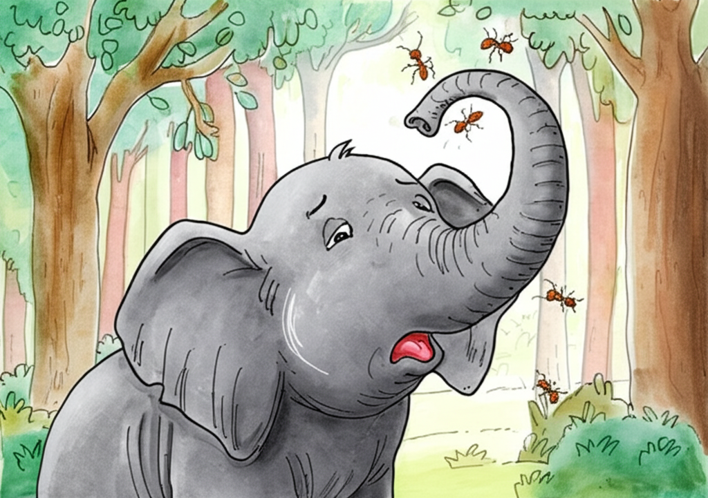 Watercolor artwork portraying a scene of a grey elephant (consistent color and shape throughout) with its trunk raised high, several tiny brown ants (consistent size and color) swarming inside its trunk causing it discomfort. The elephant’s expression should portray pain and regret. The background shows a peaceful forest, again using softer watercolor tones, creating a gentle yet impactful contrast with the central scene. Use varying water saturation levels to create depth; for example, the forest background could be slightly more washed out compared to the detailed illustration of the elephant and ants. The overall mood should reflect the resolution of the story – peaceful reconciliation.