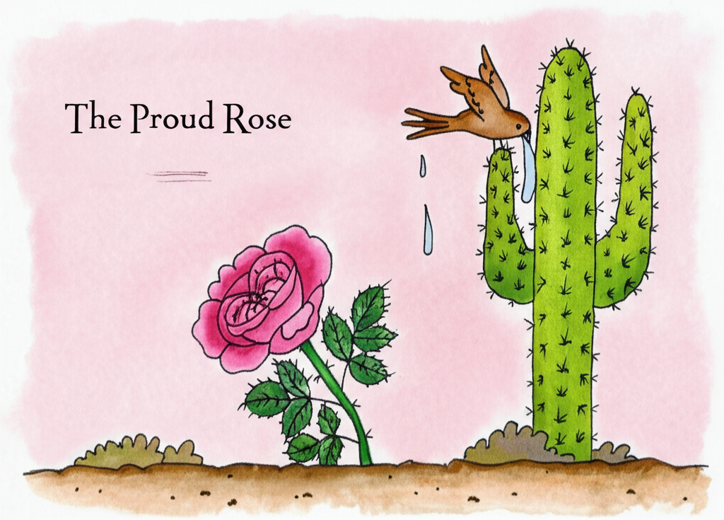 Watercolor painting of a proud, vibrant pink rose bush with large, detailed petals next to a tall, green prickly pear cactus in a desert landscape.  The rose is wilting slightly, showing some brown edges on its petals.  A small, brown bird is perched on the cactus, drinking water.  The style should be whimsical and slightly naive, using soft, blended watercolor washes. The rose and cactus should maintain consistent color, shape and size throughout the painting, reflecting their character in the story.