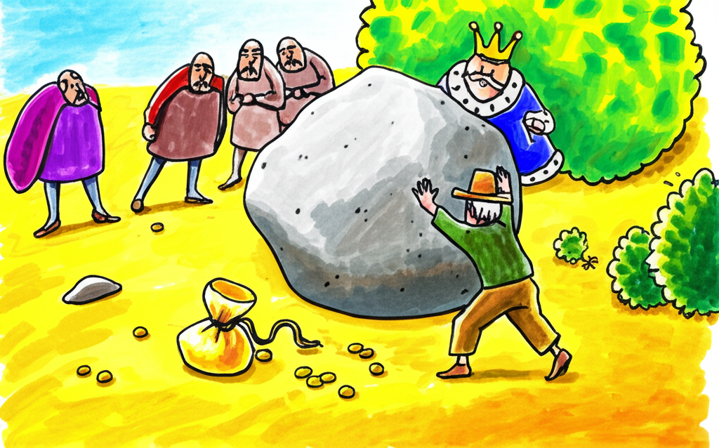 Watercolor painting of a whimsical scene.  A large, grey boulder sits in the middle of a vibrant, yellow dirt road.  A small, round king (wearing a bright blue robe and crown, consistently sized and shaped throughout the piece), hides behind a lush, green bush.  Several figures pass by the rock: two larger, more formally dressed figures (ministers or merchants, wearing muted browns and purples, consistent size and shape) grumbling, while several smaller, more simply dressed figures (villagers) walk around the rock.  A farmer (wearing simple, earthy greens and browns, consistent size and shape), slightly larger than the villagers, is depicted in the foreground straining to push the rock with determined expression. A small golden purse, overflowing with coins, lies near the rock where it once sat. The style should be loose and expressive, emphasizing the vibrant colors and storytelling.