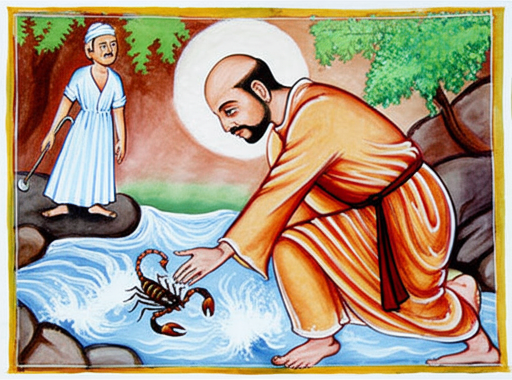 Watercolor painting of a compassionate saint, depicted with gentle, flowing robes in warm ochre and brown, repeatedly rescuing a small, detailed scorpion (dark brown/black with a subtle, iridescent sheen) from a rushing stream rendered in cool blues and greens.  The saint’s expression remains serene throughout multiple repetitions of the rescue. In the background, a small figure of a doctor (wearing a lighter blue and white outfit) observes the scene with a surprised expression, holding a stick.  The style should be reminiscent of traditional Indian miniature paintings, emphasizing the narrative and moral lesson. The overall palette should be soft and harmonious.