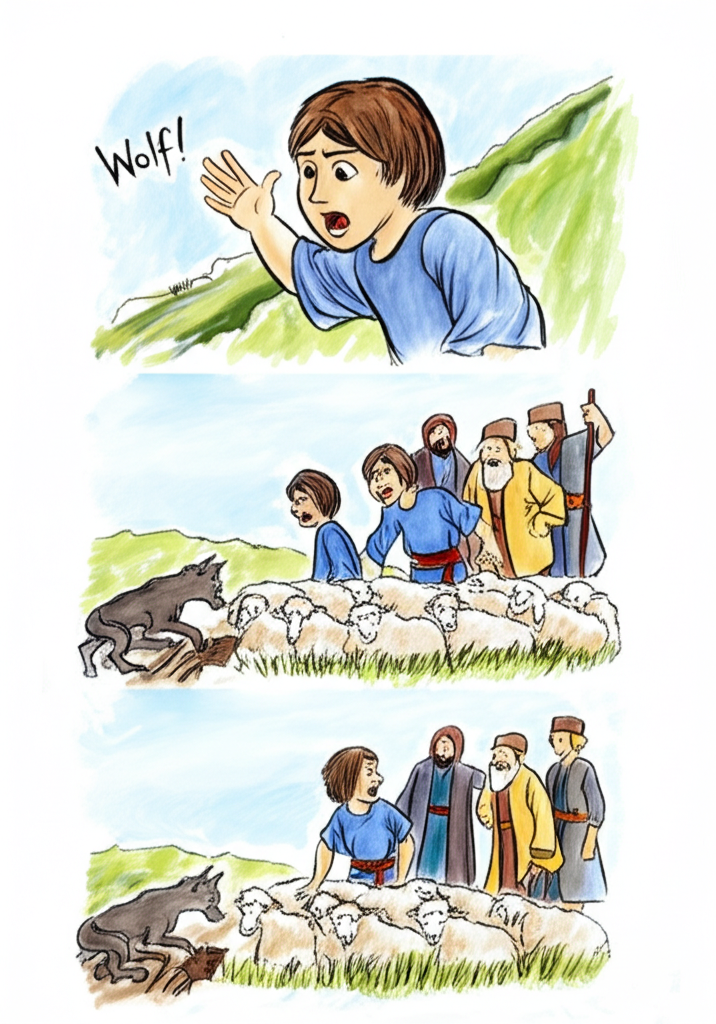 Watercolor illustration depicting the shepherd boy, consistently colored with brown hair and a blue tunic, in three different scenes:  1) happily shouting ‘Wolf!’ while villagers rush up the hill. 2) villagers angrily scolding him after discovering no wolf. 3) the boy crying amidst his dead sheep with villagers looking on sadly, a grey wolf visible in the distance.  The three scenes should be subtly blended together in a single image using a soft, painterly style, emphasizing the progression of events.