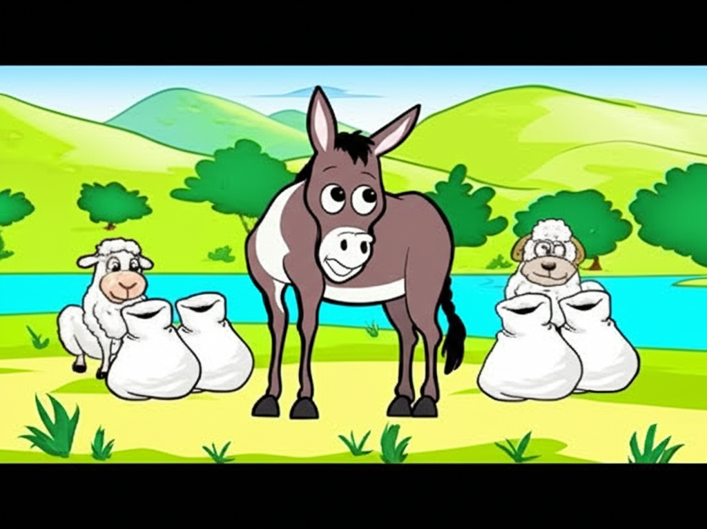 The donkey standing alone, looking down at its feet with a sheepish expression, surrounded by empty cotton bags and the river in the background