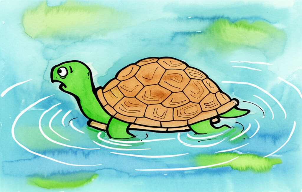 Watercolor illustration of a story about a turtle. The turtle should be a consistent medium size and dark green throughout the painting with a textured, light brown shell. Scene 1: The turtle in the pond, unaffected by a large, dark brown buffalo stepping near. Scene 2: The turtle, small and vulnerable without his shell, being stepped on by a group of light brown deer, showcasing his pain through expressive eyes and body language.  Scene 3: The turtle, safely back in his shell in the pond, displaying relief. The background should be a soft wash of blues and greens, keeping the pond consistent.  Focus on contrasting the turtle’s vulnerability without his shell.