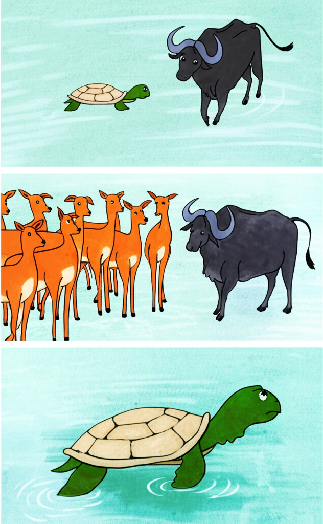 A watercolor painting depicting a story about gratitude.  Feature a consistently sized and shaped, olive-green turtle with a noticeably large, textured, beige shell. Three distinct scenes:  1) The turtle in a serene pond, his shell protecting him from an approaching, large dark grey buffalo. 2) The same turtle, now small and defenseless without his shell, surrounded by a group of light brown deer; his distressed expression is clearly visible. 3) The turtle, back in his shell in the pond, looking relieved and peaceful.  The pond should be a consistent light blue-green, and the style should be whimsical yet realistic.  Ensure the deer and buffalo maintain a consistent color palette and size across all scenes.