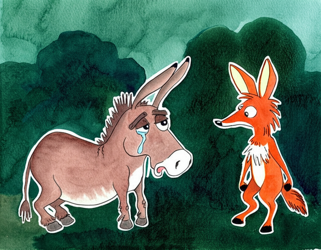 Watercolor painting of a sad, brown donkey with large, expressive eyes crying near a dark, shadowy forest.  A sly, orange jackal with pointed ears looks on with a cunning expression.  The donkey is slightly larger than the jackal, both maintain consistent size and shape throughout the scene. Both animals are painted with a consistent style, emphasizing texture and emotion through brush strokes. The background is a muted green with hints of blue, reflecting a late evening atmosphere.