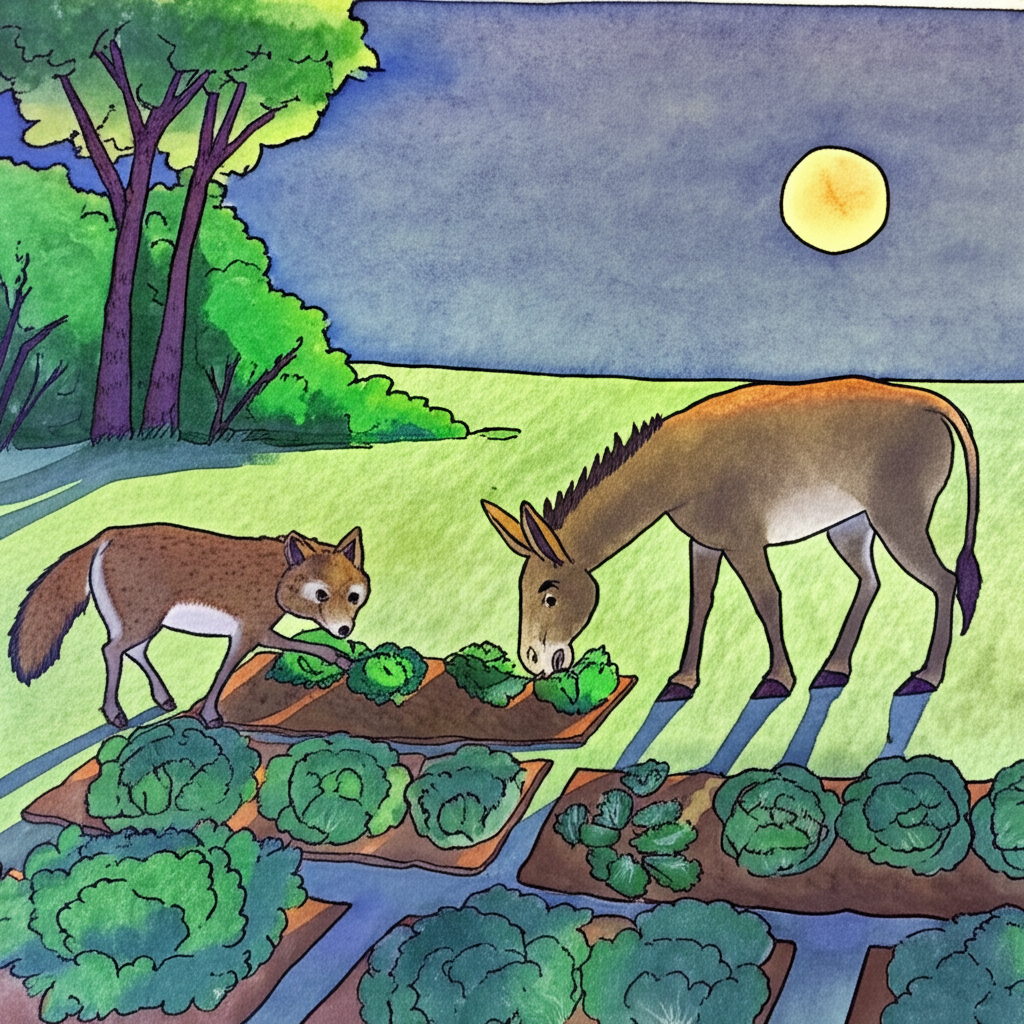 Watercolor illustration depicting a donkey and a jackal stealthily munching on vibrant green vegetables in a moonlit vegetable garden. The vegetables are bright and detailed, while the donkey and jackal are slightly darker, almost silhouetted, in the night.  The donkey and jackal have the same colors and styles as the previous prompt, showcasing their mischievous act.  The moon is a soft, glowing yellow circle in the upper right corner, casting long shadows on the ground.
