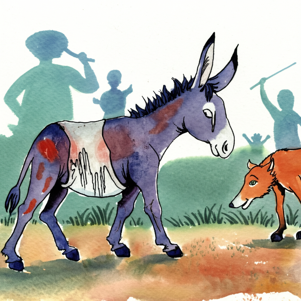 Watercolor painting of a beaten and bruised donkey limping away from a farmer’s field, with the silhouette of the farmer and his family holding sticks visible in the background. The donkey’s colors remain consistent, showcasing his injuries with dark, muted hues. The jackal is visible in the distance, a small orange figure watching from afar.  The overall scene is dark and somber, conveying the consequences of the donkey’s actions. The style emphasizes soft washes to show the donkey’s wounds and the mood of the scene.