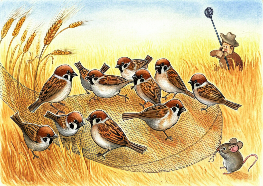 Watercolor painting of a heartwarming scene: A flock of brown sparrows, consistently sized and shaped with slightly darker brown accents on their wings, are tangled in a fine, beige net in a sunlit field of golden wheat.  A tiny grey mouse, with large black eyes, is diligently chewing at the net’s edge to free the sparrows. In the background, a blurry figure of a hunter is visible, suggesting urgency. The style should be whimsical and slightly cartoonish, emphasizing the collaborative spirit of the scene.  Focus on warm, inviting watercolor washes.