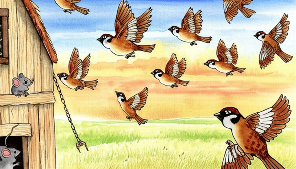 Watercolor painting depicting the sparrows’ happy return home: A flock of consistently rendered brown sparrows, with individual details to differentiate them but maintaining a similar size and shape, are flying joyfully over a rustic farmhouse against a sunset sky.  The colours should be vibrant and warm.  The scene should be peaceful and joyous, reflecting the successful rescue.  A tiny grey mouse, similar in style to the other images, could be shown peeking out from a hole in the farmhouse, smiling. The watercolor style should be loose and expressive, focusing on light and shadow.