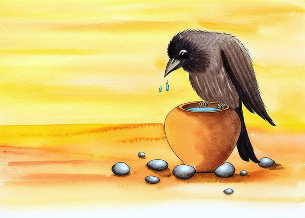 Watercolor painting of a thirsty crow, rendered in muted browns and grays, with bright, expressive eyes.  The crow is perched on the rim of a terracotta pot, which contains a small amount of water at the bottom.  Several smooth, grey pebbles are scattered around the pot and a few are already inside, raising the water level slightly. The background is a sun-drenched landscape in warm yellows and oranges, suggesting a hot summer day.  The crow’s body is consistently sized and shaped throughout the painting, maintaining consistent color and style. The style should be reminiscent of classic children’s book illustrations.