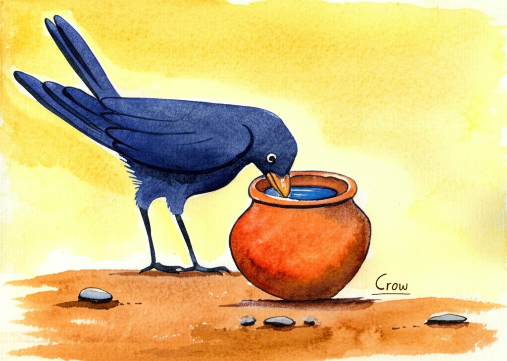 Watercolor painting in a loose, impressionistic style. The main focus is a crow (dark grey-blue, consistently sized and shaped) happily drinking from a clay pot (terracotta color) with raised water levels. Small grey pebbles are subtly suggested around the pot’s base. The background is a blur of sunny yellows and burnt oranges, evoking a feeling of heat and relief. The style emphasizes texture and color blending; the crow’s feathers should show soft shading, and the water should look reflective.  The overall mood should be one of cheerful accomplishment.