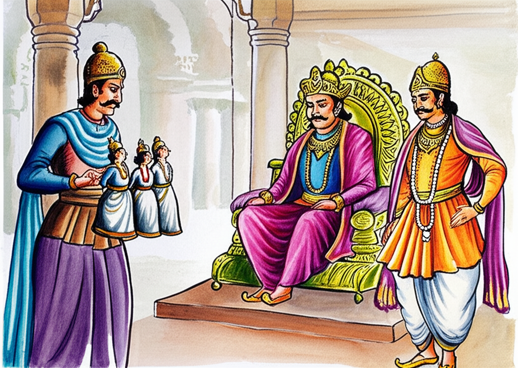 Watercolor painting of King Krishnadevaraya, Tenali Rama, and a foreign merchant in the vibrant Vijayanagara court.  King Krishnadevaraya, in regal purple and gold, sits on his throne. Tenali Rama, in a warm ochre robe, is examining one of three identical-looking porcelain dolls, meticulously detailed with a tiny hole in each ear. The merchant, dressed in rich blues and greens, stands confidently observing them.  The background should suggest a grand palace setting with hints of a bustling court scene. Focus on the delicate details of the dolls and the expressions on the faces of the three main characters. Use a muted color palette for the background to emphasize the dolls and characters.