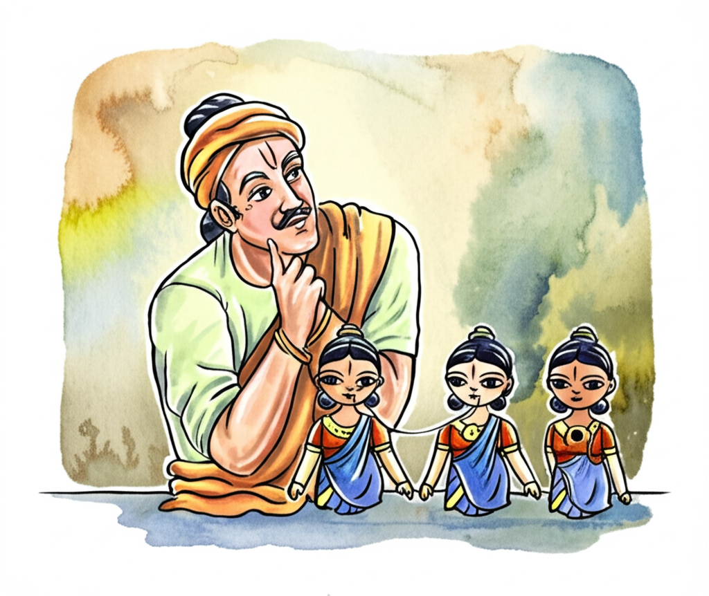 Watercolor illustration depicting Tenali Rama holding the three identical dolls. The dolls should be the central focus, painted with precise detail showing the subtle differences—one with a wire emerging from the mouth, one from the opposite ear, and one disappearing inside. Tenali Rama should be portrayed in a thoughtful pose, his expression conveying intelligence and understanding. Use a warm, earthy color palette with cool blues and greens accentuating the dolls’ significance. The background can be a simple, soft wash of color, allowing the dolls and Tenali Rama to stand out.
