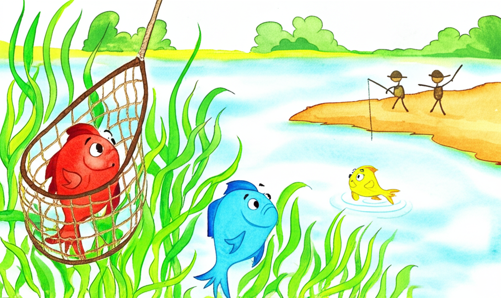 Watercolor painting of three cartoon fish: a round red fish, a slightly smaller round blue fish, and a similarly sized round yellow fish.  The red fish is depicted being caught in a net, with the net’s brown and beige ropes visible. The blue and yellow fish watch sadly from a distance amongst vibrant green water plants. The background shows a calm river scene with soft, muted greens and blues, and a suggestion of a distant bank where two stick-figure fishermen stand. The style should be reminiscent of a children’s storybook illustration.