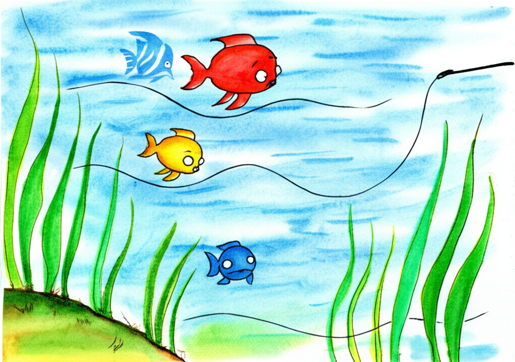 Watercolor illustration:  Three friendly fish – a bright red, a tranquil blue, and a cheerful yellow – swimming in a clear river.  The red fish is larger and depicted being pulled slightly upwards by an unseen fishing net, its expression worried. The blue and yellow fish are smaller, watching with concerned expressions from behind some partially submerged river plants. The water is a translucent blue-green, and the riverbank is subtly suggested with soft greens and browns. Use a light, airy watercolor style.