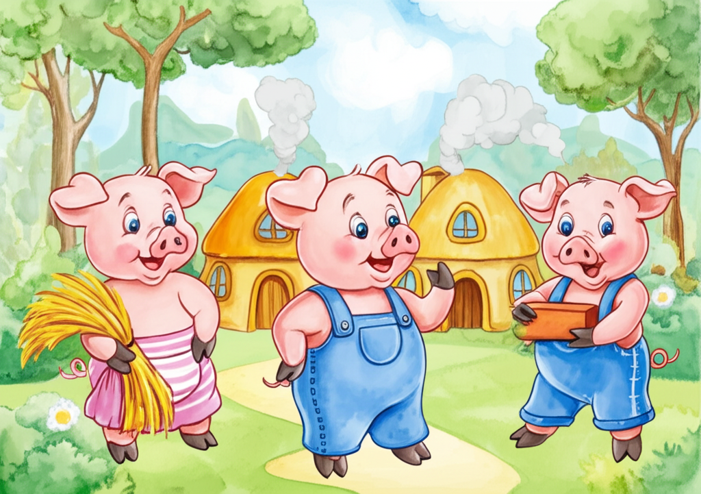 Three little pigs, each with their own house, standing in front of a sunny forest background. The first pig is holding a straw bundle, the second pig is holding a stick, and the third pig is holding a brick.