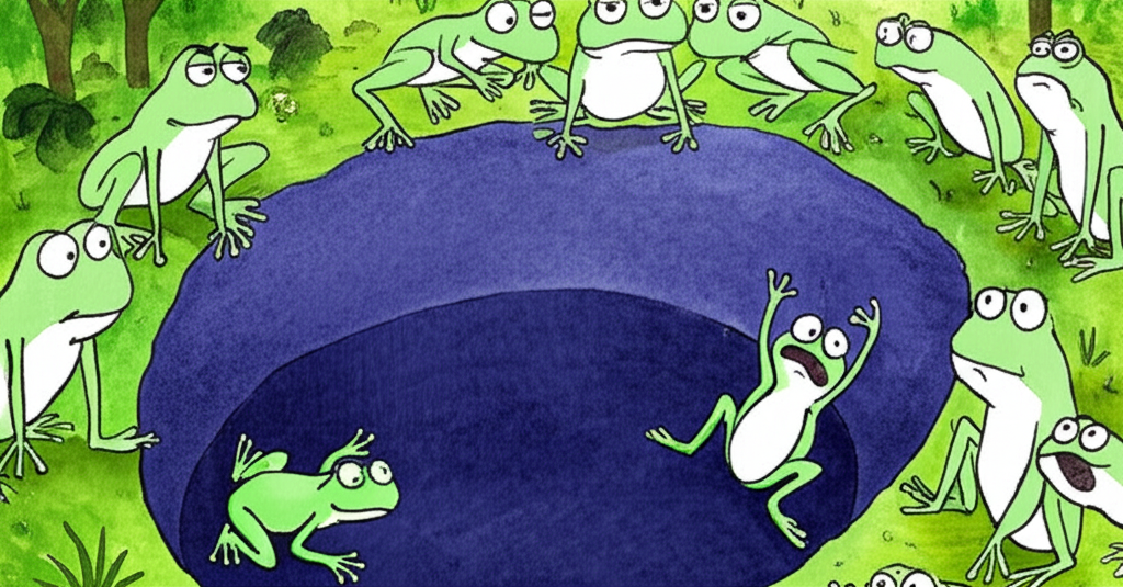 Watercolor painting of a whimsical forest scene. Two small, bright green frogs, identical in size and shape, are in a deep, dark pit. One frog has a defeated expression and is lying down, while the other frog is mid-jump, eyes determined and mouth open in a silent cheer.  The pit is rendered with deep blues and purples, contrasting sharply with the lush greens of the surrounding forest. Above the pit, a group of larger, paler green frogs are clustered, some with worried expressions, their bodies slightly silhouetted. The overall style is delicate and slightly cartoonish, maintaining consistent frog size, shape, and color throughout the painting.