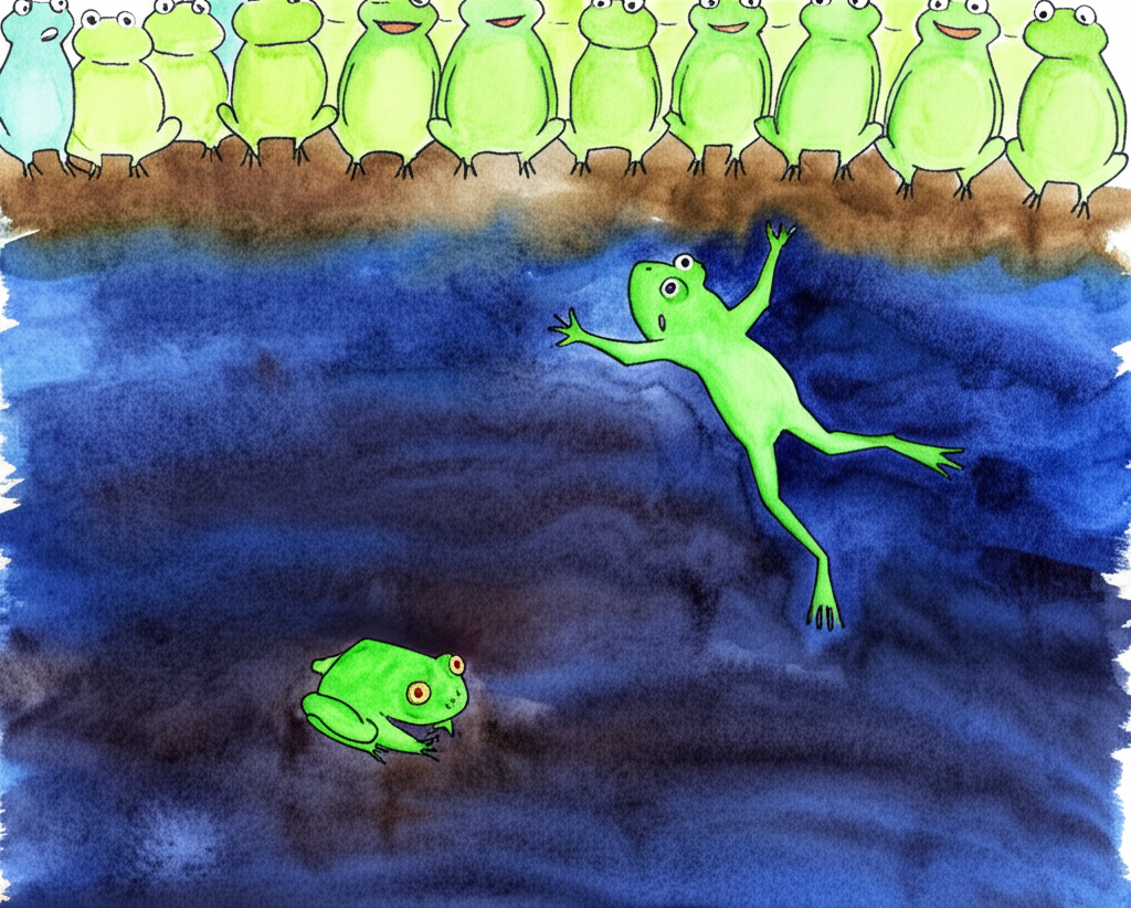 Watercolor painting of a deep, dark pit, rendered with rich, textured blues and browns. At the bottom, two small, identical vibrant green frogs are depicted. One frog is curled up, painted with duller, less saturated colors, signifying defeat. The other frog is shown mid-jump, dynamic and full of energy; its bright, clear green color contrasts with its defeated counterpart. Above the pit, a group of larger, more muted green frogs are watching; some are faintly painted to show the background chorus of discouragement. Use soft, transparent watercolor washes to create a sense of depth and emotion. Maintain consistency in frog shape, size, and color across the painting.  The style should be evocative and emotionally resonant.