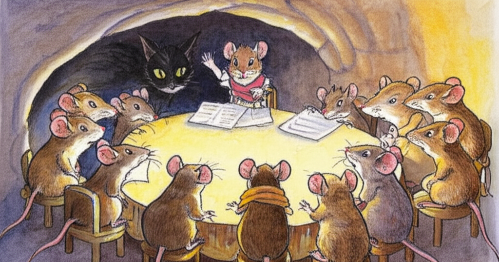 Watercolor painting of a lively mice council meeting.  A group of small, brown mice with large, expressive eyes are gathered in a circle, their fur rendered with delicate watercolor washes. One older, slightly larger mouse with grey fur is speaking, his paw raised. In the background, a shadowy, sleek black cat with piercing green eyes is subtly depicted, lurking just out of reach.  The overall palette is warm and earthy, with splashes of brighter color indicating the mice’s excitement and worry. The scene is set in a cozy mouse hole, with textures suggested through loose watercolor application. Focus on conveying the mice’s anxious energy and the cat’s ominous presence. Style: whimsical, slightly naive watercolor.