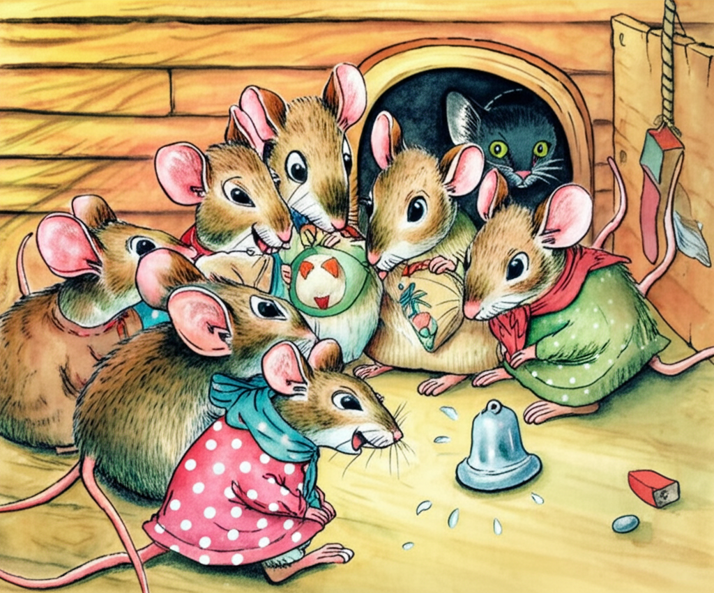 A watercolor scene showing the mice’s brainstorming session.  The mice, consistently depicted as brown with large eyes, are huddled together, their bodies rendered with soft, slightly textured watercolor washes.  One mouse is pointing excitedly to a small, delicate watercolor bell, its shiny surface suggested by highlights.  The scene should be set within a warm, inviting mouse hole, with the textures of wood and soft materials suggested through watercolor techniques.  A small, almost hidden, black cat peeks from a corner, its form subtly suggested in dark washes. Style:  detailed and whimsical watercolor, emphasizing the contrast between the mice’s optimistic planning and the looming threat of the cat.