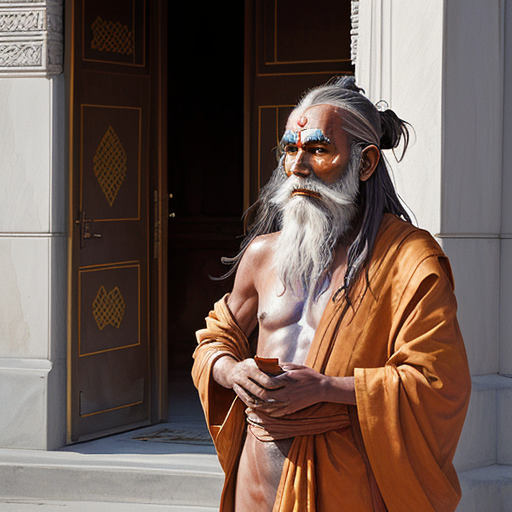 A wise-looking sadhu stands at the entrance of a grand palace, with a guard in the background, as if about to tell him something important.