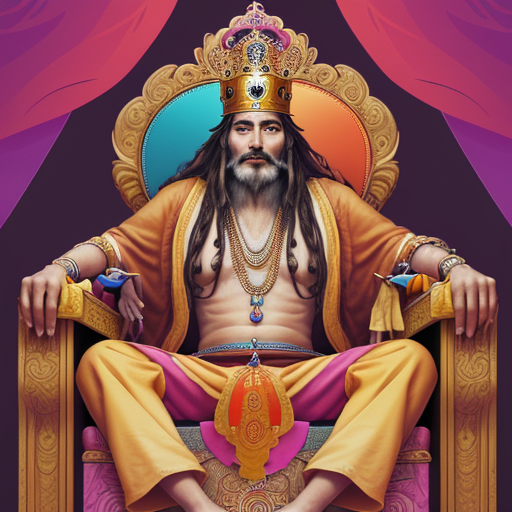The king sits on his throne, looking pleased and curious, as the sadhu approaches him with an air of authority.