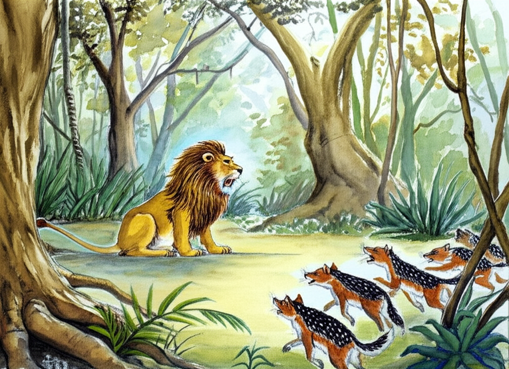 Shursingh, the old lion, sits alone and helpless in a clearing of the jungle, surrounded by a pack of snarling jackals. Singraj’s mighty roar echoes through the trees as he charges to the rescue.